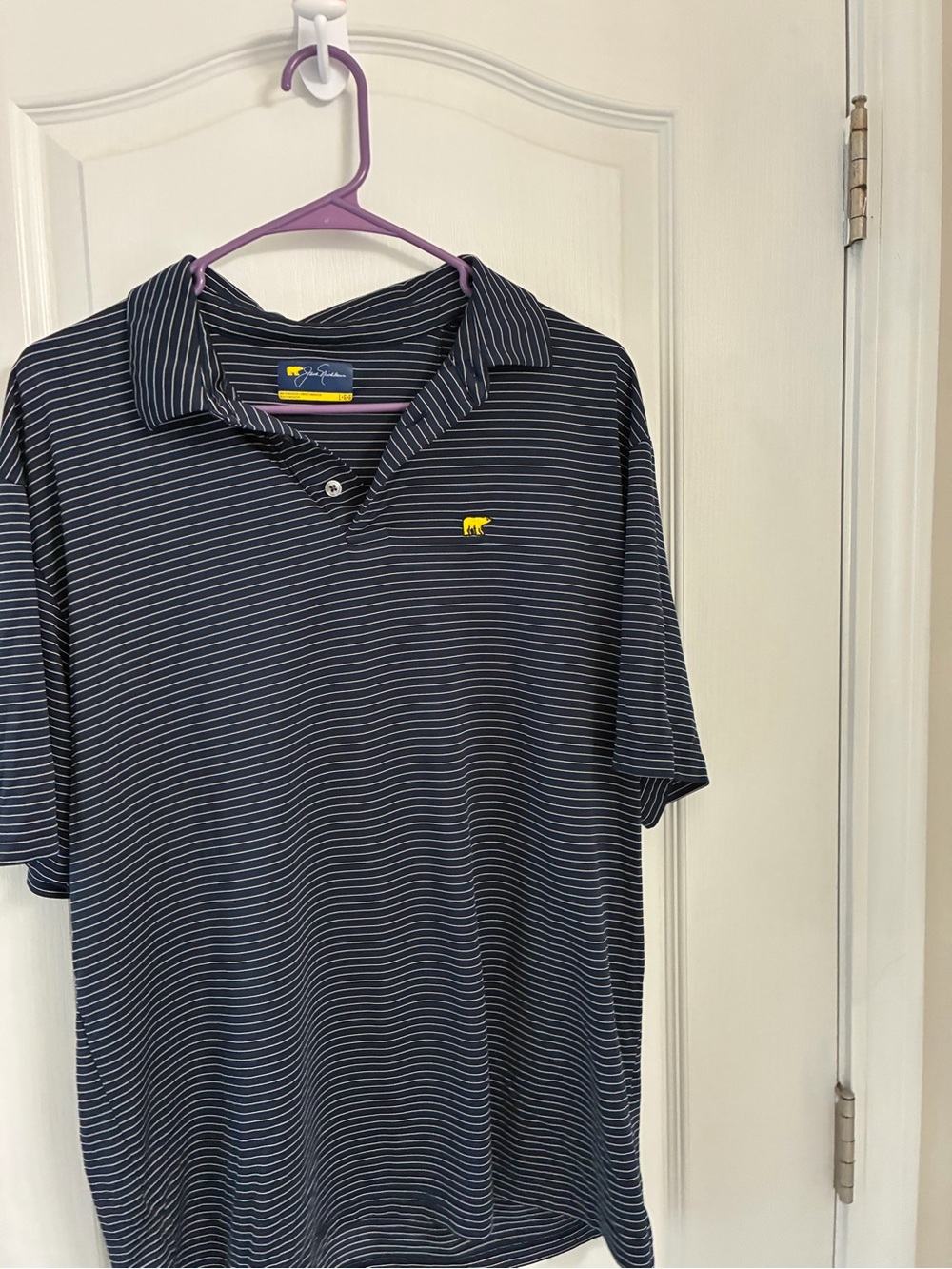 Men's Navy Striped Polo with Yellow Logo
